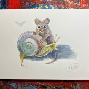 Original Watercolor Painting Mouse Snail Whimsical nature decor Art Artettina US